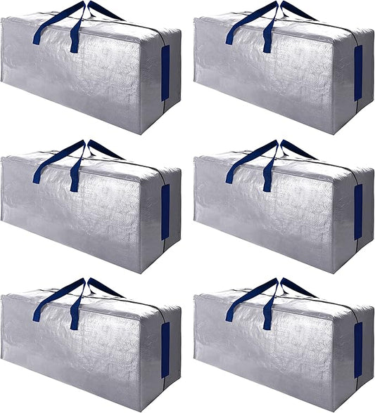 SWEET DOLPHIN 6 Pack Extra Large Moving Bags with Strong Zippers & Carrying Handles, Heavy Duty Storage Tote for Space Saving Moving Storage, Fold Flat, Alternative to Moving Box (Silver)