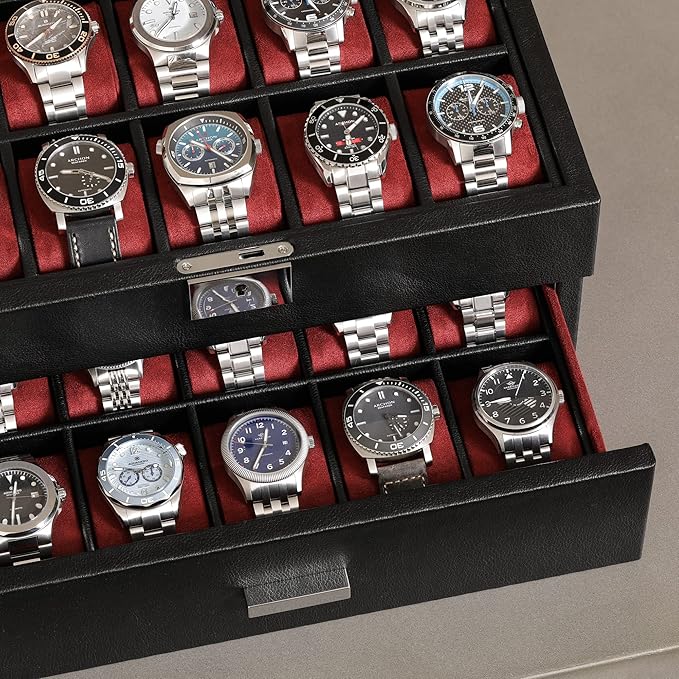 ROTHWELL 20 Slot Leather Watch box - Luxury Case Display Jewelry Organizer, - Locking Display Case Holder with Large Real Glass Top - Watch Box Organizer for Men and Women (Black/Red)