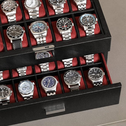 ROTHWELL 20 Slot Leather Watch box - Luxury Case Display Jewelry Organizer, - Locking Display Case Holder with Large Real Glass Top - Watch Box Organizer for Men and Women (Black/Red)