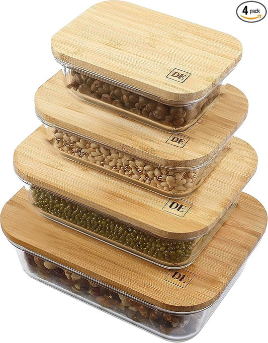 DE Glass Food Storage Containers with Bamboo Lids – 4 Pack (12oz/21oz/35oz/51oz) – BPA-Free Borosilicate Glass Meal Prep Boxes – Oven, Microwave, Freezer Safe – Stackable & Airtight