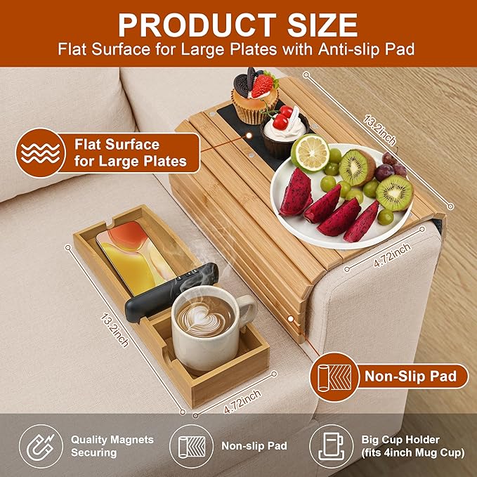Joy&Grace Couch Cup Holder, 3-in-1 Magnetic Detachable Couch Arm Tray, Bamboo Sofa Armrest Table with Anti-Slip Pad, Sofa Armrest Tray Table (Natural)