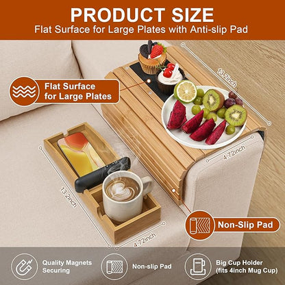 Joy&Grace Couch Cup Holder, 3-in-1 Magnetic Detachable Couch Arm Tray, Bamboo Sofa Armrest Table with Anti-Slip Pad, Sofa Armrest Tray Table (Natural)