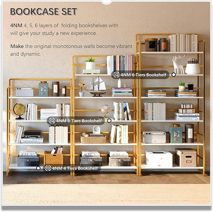 4NM No Assembly Extra Wide 4 Tiers Folding Bookshelf Storage Shelves Vintage Bookcase Standing Racks Study Organizer Home Office (White Gold)
