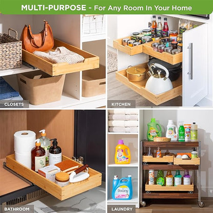 HOLDN’ STORAGE Bamboo Wooden Pull out Cabinet Organizer.14”W x 21”D - Requires At Least a 15.25:W x 21" D. Cabinet Opening. W/Lifetime Limited Warranty. Bamboo Tray and Heavy gauge metal rails.
