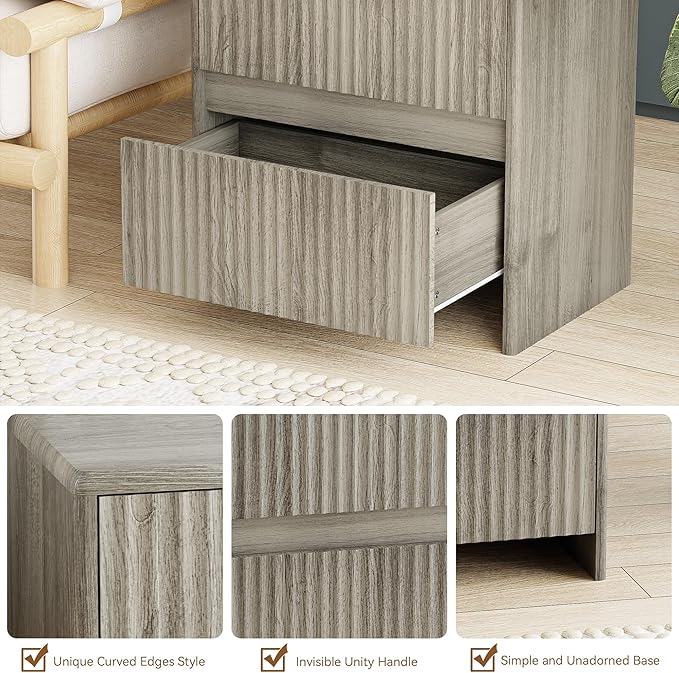 HOCAT Fluted Nightstand, 23" Wood Bedside Table with 2 Storage Drawers, Modern Night Stand for Bedroom, Office, Grey