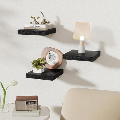 Fun Memories Square Floating Shelves for Wall, 9.3" W x 9.3" D x 1.4" H, Shelves for Wall with Invisible Brackets, Small Wood Storage Shelves for Kitchen, Living Room, Bedroom, Set of 3 (Black)