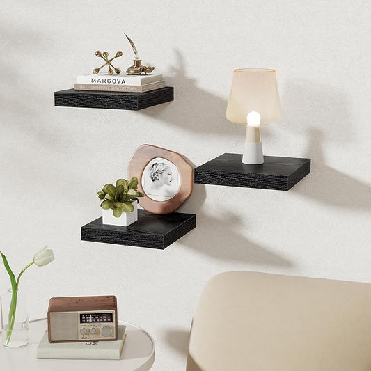 Fun Memories Square Floating Shelves for Wall, 9.3" W x 9.3" D x 1.4" H, Shelves for Wall with Invisible Brackets, Small Wood Storage Shelves for Kitchen, Living Room, Bedroom, Set of 3 (Black)