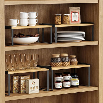 Kitchen Cabinet Organizer Shelf Set of 4, Stackable Pantry Cupboard Countertop Storage and Organizer, Desk Shelf Riser, Spice Plate Cup Expandable Storage Rack,(Black Bamboo) Large