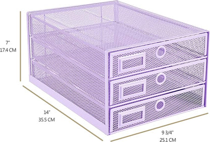 Annova Desk Organizer Wire Mesh 3 Tier Sliding Drawers Paper Sorter/Multifunctional/Premium Solid Construction for Letters, Documents, Mail, Files, Paper, Kids' Art Supplies (Light Pink)