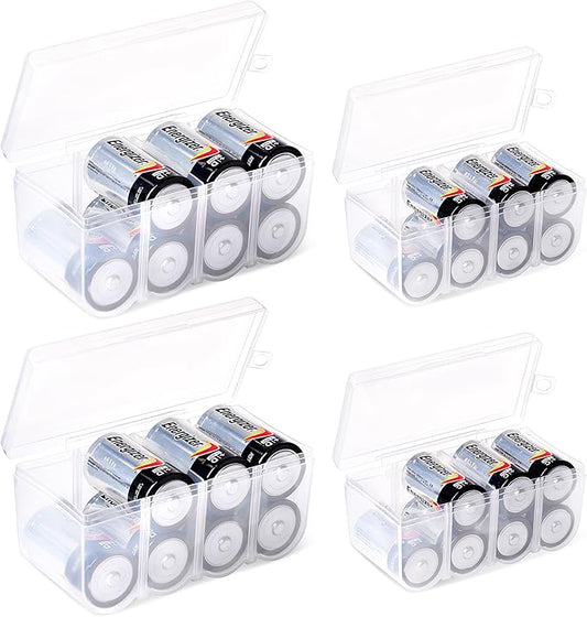GlossyEnd Set of 4 - Two C and Two D Battery Storage Box, Battery Storage Case, Battery Holder Clear (C - D)