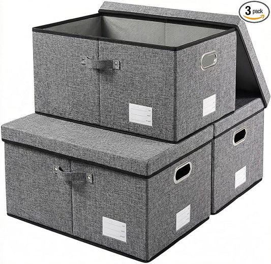 PRANDOM Storage Bins with Lids [3-Pack] Linen Fabric Foldable Storage Boxes Organizer Containers Baskets Cube with Cover Grey(23.4X15.9X11.4)