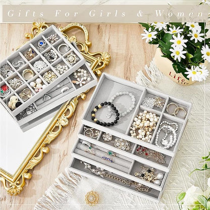 Junkin 18 Pcs Velvet Jewelry Tray Stackable Jewelry Drawer Organizer Jewellery Box Divided Display Tray for Earring Bangle(Gray)