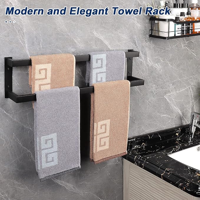 NearMoon Bathroom Towel Bar, Towel Rod Holder, Square Shelf Rack Hanging Towel for Bath, Thicken SUS304 Stainless Steel Towel Rack Wall Mounted-2-Tier Bath Accessories (24 Inch, Matte Black)