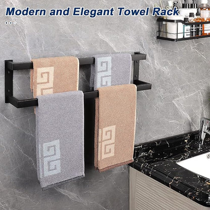 NearMoon Bathroom Towel Bar, Towel Rod Holder, Square Shelf Rack Hanging Towel for Bath, Thicken SUS304 Stainless Steel Towel Rack Wall Mounted-2-Tier Bath Accessories (24 Inch, Matte Black)