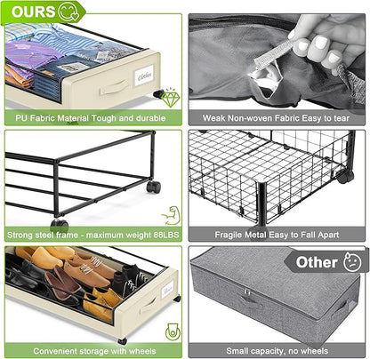 Under Bed Storage with Wheels, Under the Bed Storage Containers with Clear Lids & Label, Underbed Storage Bins, XXL 60L Rolling Metal Drawer for Clothes, Shoes, Toys, Books (Beige)
