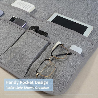 luckyjoyreal Faux Linen Armchair Caddy for Couch Remote Control Holder Non-slip Sofa Armset Organizer Caddy Storage for Recliner Couch 6 Pocket for Magazine 35"x19.5" Grey Linen 1 Piece
