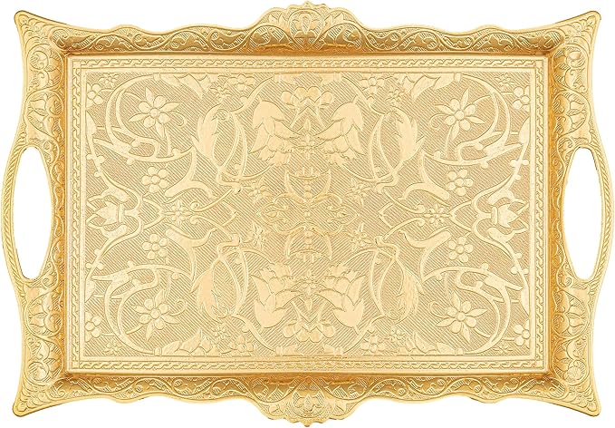 Alisveristime Ottoman Turkish Zamak Serving Tray with Traditional Motifs, Ideal for Coffee and Tea - Six Person Tray (14.5 x 9.85 in) (Gold)