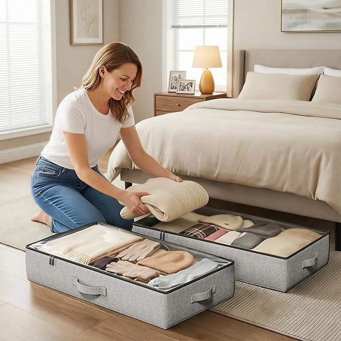 TidyCorner 2-Pack Under Bed Storage Containers, 4.5 Inches Tall Low Profile Underbed Clothes Storage Organizer Bin with Sturdy Sidewalls/Bottom, Underbed Storage Bins 2 Storage Thin Bins