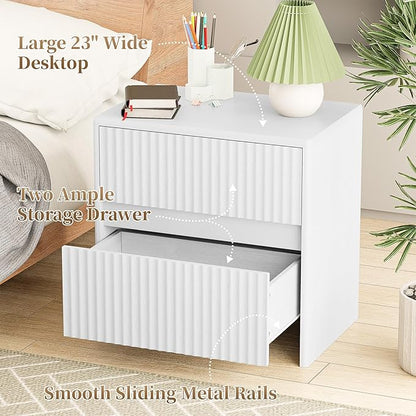 HOCAT Fluted Nightstand, 23" Wide Bedside Table with 2 Storage Drawers, Modern Night Stand for Bedroom, White
