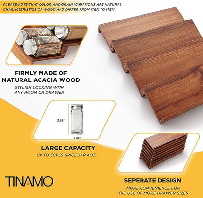 Tinamo Acacia Wooden Spice Rack Organizer for Cabinet - Spice Drawer Insert, Spice Organization for Cabinet, Seasoning Organizer, Spice Holder Pack of 8 (Acacia pack 4)