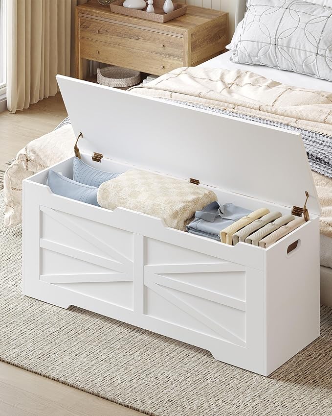 47.2" Storage Chest, Extra Large Storage Trunk with 2 Hinges, Wooden Box Bench, Lift-Top Organizer Chest, Shoe Bench for Entryway, Bedroom, Living Room, White SB13403X