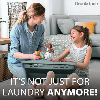 BROOKSTONE 11 GALLON XL 24" Collapsible Laundry Basket, Comfort Non-Slip Grip Handles, Modern Minimalist Space Saving Design, Portable Pop-Up Hamper, BPA FREE, Light Grey, 1 Basket