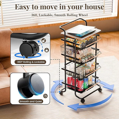 5-Tier Kitchen Organizer and Storage Cart, with Pull-Out Baskets and Wood Top, Rolling Pantry Kitchen Cart, for Fruit Potato Onion Vegetable Snack Produce, Black