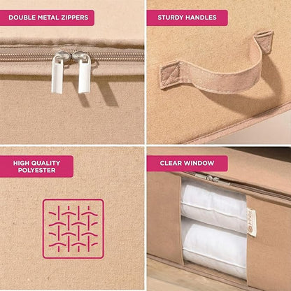 Cedar Storage Bag Organizer for Bedding Set - Protects from Moths, Moisture, Dirt & Dust - Set of 3 Storage Bags for Bed Sheets, Comforter, Pillows & More - Space-Saving Bedding Organizer, Beige
