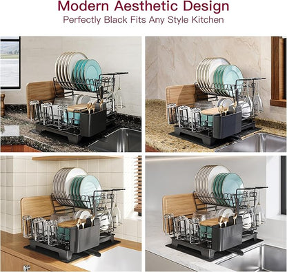 BOOSINY 2 Tier Black Large Stainless Steel Dish Drainers Drying Rack for Kitchen Counter with Drainboard, Rust Proof Metal, Space Saving, Modern Aesthetic, Compact Plates Strainers with Extra Mat