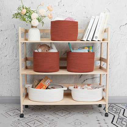 Woven Cotton Storage Baskets - 3-Pack Round Bins (10x10x7'') for Shelves, Closets & Bookcases | Durable Rope Organizers for Nursery, Baby, Toys, Easter & More (rustic)