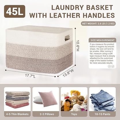 45L Small Laundry Basket with Leather Handles for Living Room Storage, Woven Rope Baskets Bin for Blanket, Kids Toy, Gifts, Wicker Hamper for Bedroom Dirty Clothes, 18"x14"x11" Gradient Brown