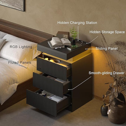 BOXACTION Black Nightstand with 3 Drawers and LED Light, Mid Century Modern Fluted Night Stand with Charging Station, Bedside Table & End Table for Bedroom