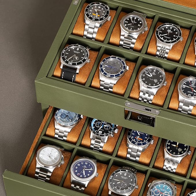 ROTHWELL 20 Slot Leather Watch box - Luxury Case Display Jewelry Organizer, - Locking Display Case Holder with Large Real Glass Top - Watch Box Organizer for Men and Women (Green/Tan)