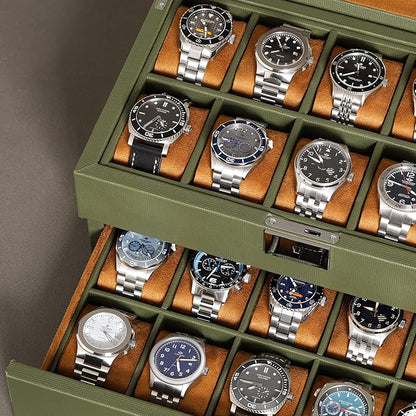 ROTHWELL 20 Slot Leather Watch box - Luxury Case Display Jewelry Organizer, - Locking Display Case Holder with Large Real Glass Top - Watch Box Organizer for Men and Women (Green/Tan)