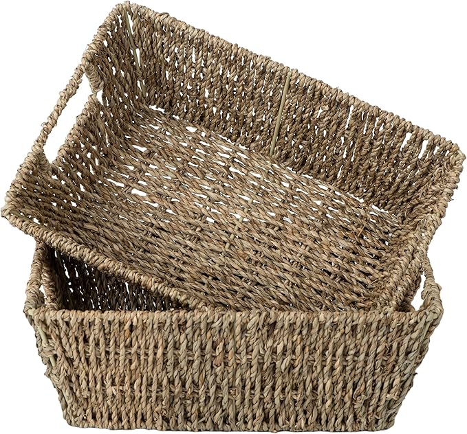 JS HANGER Wicker Storage Basket with Washable Liners, Metal Frame, Set of 2, 12.6"L x 8.7"W x 4.3"H, Seagrass Woven Basket for Pantry, Toilet, Bathroom, Bedroom, Patio, Natrual
