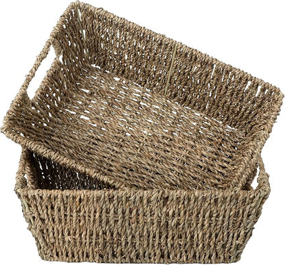 JS HANGER Wicker Storage Basket with Washable Liners, Metal Frame, Set of 2, 12.6"L x 8.7"W x 4.3"H, Seagrass Woven Basket for Pantry, Toilet, Bathroom, Bedroom, Patio, Natrual