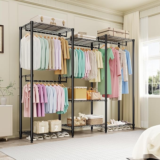 Portable Clothes Rack Heavy Duty Garment Rack, Large Freestanding Closet Wardrobe with Adjustable Shelves & 4 Hanging Rods, Closet Organizer and Storage for Bedroom Cloakroom, 76.5"H x 67.6"L x 15.5"W