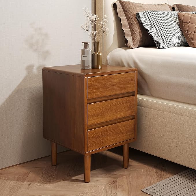 Nightstand with 3 Drawers Narrow Night Stand Solid Wood Bedside Table Mid Century Modern Nightstand Wooden End Table for Bedroom, Living Room, Study, Office
