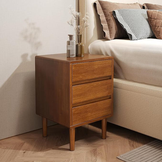 Nightstand with 3 Drawers Narrow Night Stand Solid Wood Bedside Table Mid Century Modern Nightstand Wooden End Table for Bedroom, Living Room, Study, Office