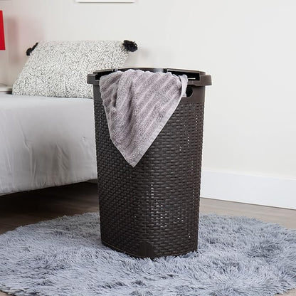 Mind Reader Slim Laundry Hamper with Lid, 60L Clothes Baskets, Premium Wicker Design, Plastic, 2-Pack, Brown