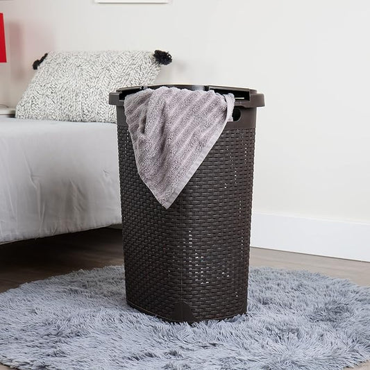 Mind Reader Slim Laundry Hamper with Lid, 60L Clothes Baskets, Premium Wicker Design, Plastic, 2-Pack, Brown