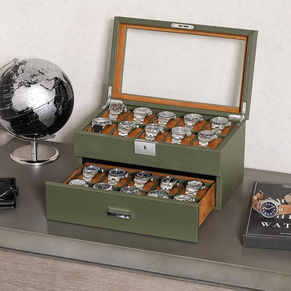ROTHWELL 20 Slot Leather Watch box - Luxury Case Display Jewelry Organizer, - Locking Display Case Holder with Large Real Glass Top - Watch Box Organizer for Men and Women (Green/Tan)