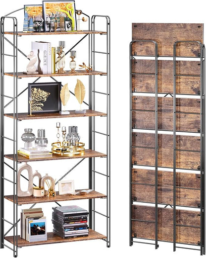 UDD Folding Bookshelf No Assembly, 65"H x 23.7"W, 6 Shelf Foldable Bookcase Industrial Collapsible Bookshelves, Open Storage Book Shelves for Small Spaces Home Office Living Room, Rustic Brown Black