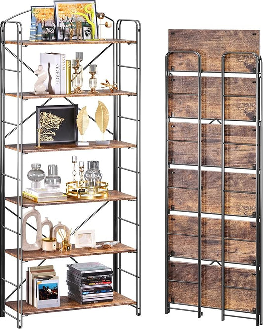 UDD Folding Bookshelf No Assembly, 65"H x 23.7"W, 6 Shelf Foldable Bookcase Industrial Collapsible Bookshelves, Open Storage Book Shelves for Small Spaces Home Office Living Room, Rustic Brown Black