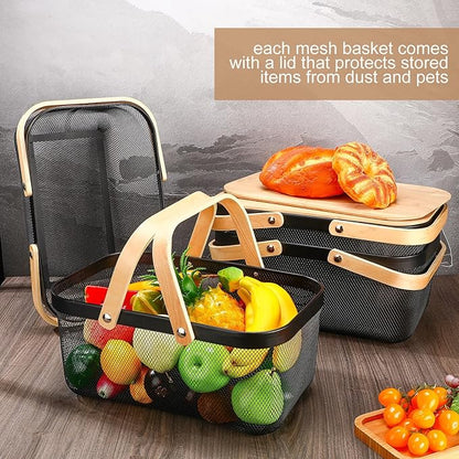 4 Pcs Mesh Steel Basket with Handles and Lids Wire Mesh Basket Garden Baskets for Gathering Vegetables Fruit Harvest Storage Organizer for Kitchen Drying Food(16 Inch,Black)