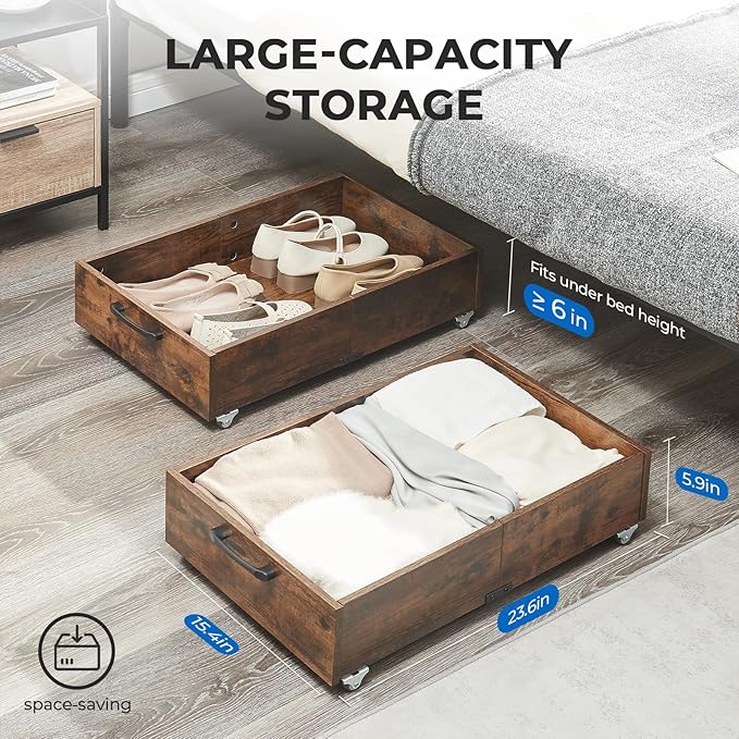 TIOPGHAD Under Bed Storage with Wheels, 2-Pack Under Bed Shoe Storage Organizer Drawer, Composite Wood Organizer for Shoes Clothes Containers in Bedroom for Clothes,Shoes(Brown)