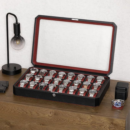 ROTHWELL 24 Slot Watch Case with Lock – Luxury Watch Box to Display and Organize Your Collection | Real Glass Top | Premium Storage for Collectors (Black/Red)