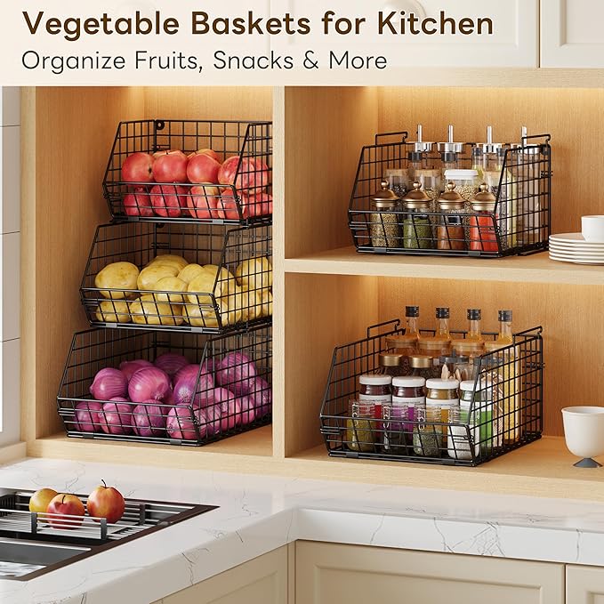 X-cosrack 3-Tier Stackable Wire Baskets for Pantry Organization and Storage, Kitchen Counter Basket for Potato Onion Storage, Fruit and Vegetable Storage Basket, Metal Baskets for Snack Produce Cans