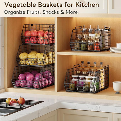 X-cosrack 3-Tier Stackable Wire Baskets for Pantry Organization and Storage, Kitchen Counter Basket for Potato Onion Storage, Fruit and Vegetable Storage Basket, Metal Baskets for Snack Produce Cans