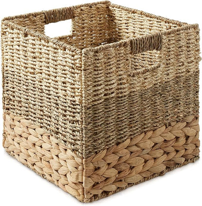 Casafield 10.5" x 10.5" Mixed Weave Storage Baskets, Natural - Set of 2 Woven Hyacinth Seagrass Wicker Storage Cube Bins for Bathroom, Bedroom, Laundry, Pantry, Shelves